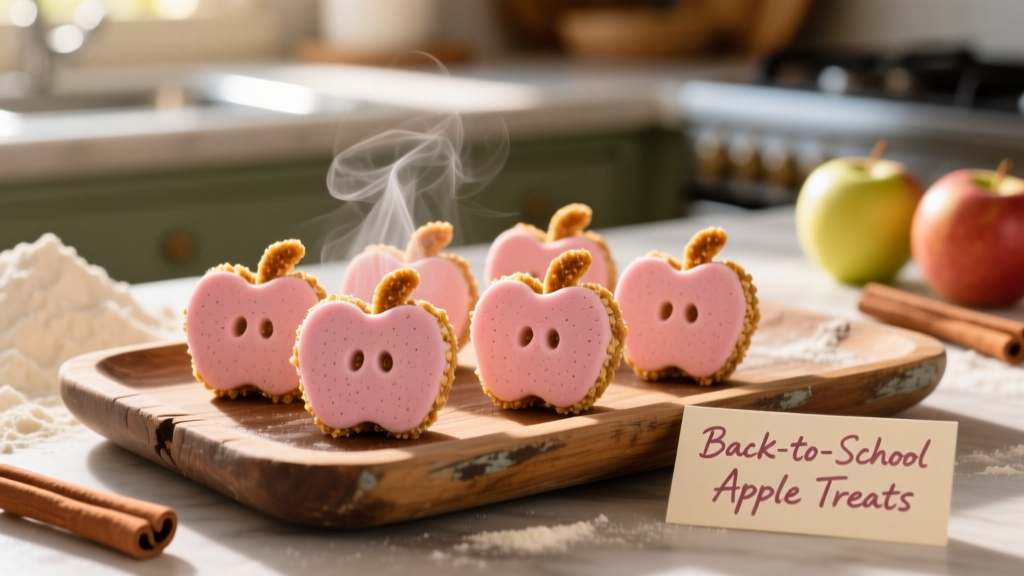 Close-up of freshly baked, pink apple-shaped dog treats on a rustic wooden tray
