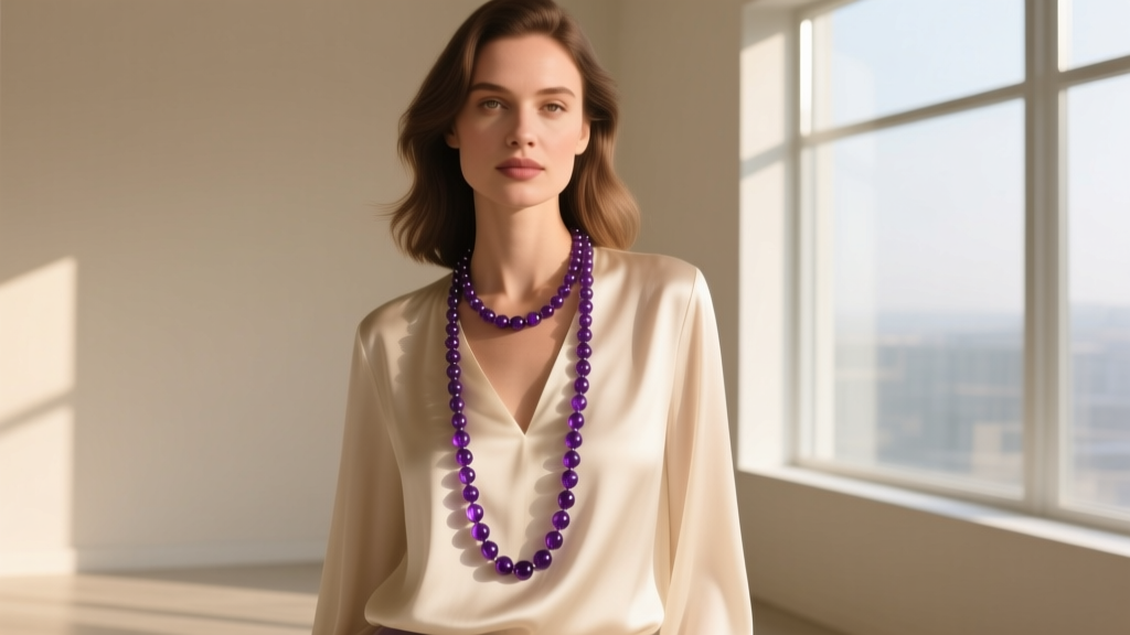 Woman wearing a long Avon amethyst beaded lariat over a cream silk blouse, illuminated by soft, warm natural window light.