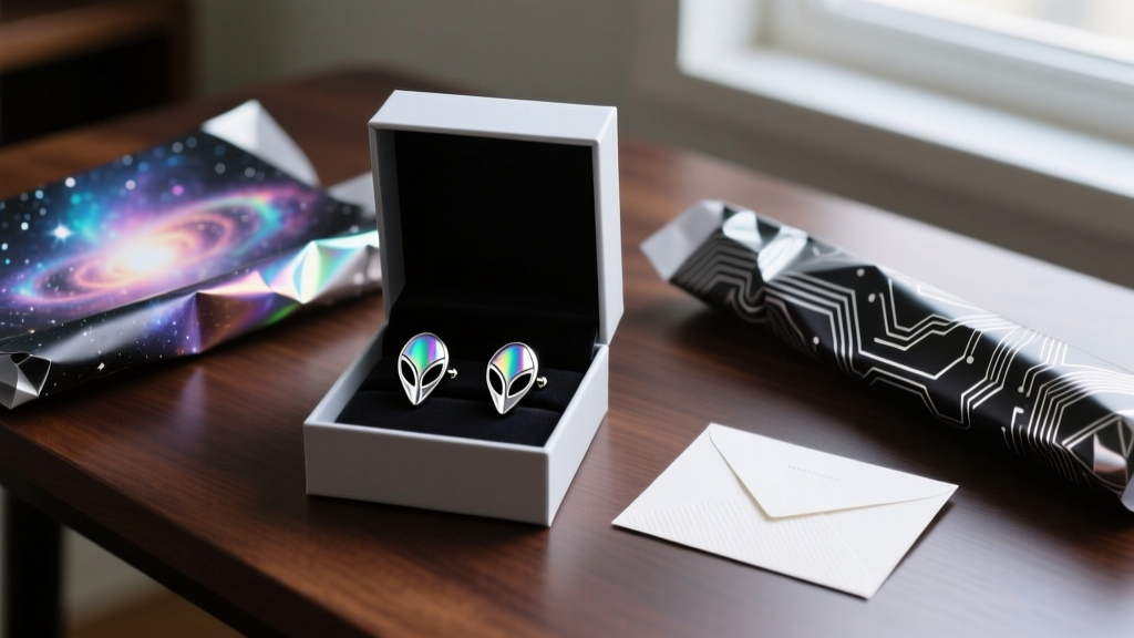Open gift box with silver alien stud earrings, surrounded by sci-fi wrapping paper and a greeting card on a dark wooden desk.