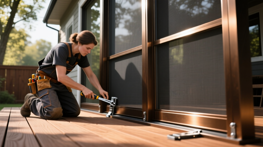 Carpenter installing dark bronze aluminum framing and charcoal fiberglass screen mesh on a newly built backyard wooden deck