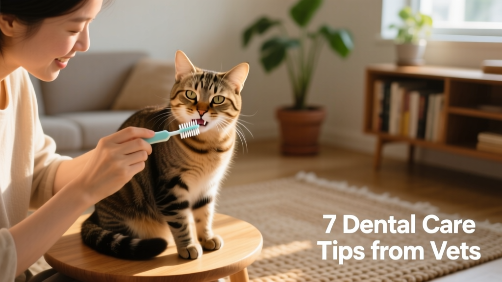 A person gently brushing a calm cat's teeth with a small cat toothbrush
