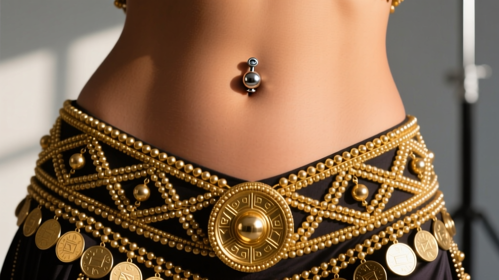 Close-up of a belly dancer midriff showing a secure 14-gauge titanium threadless navel stud beneath a heavy beaded gold coin belt