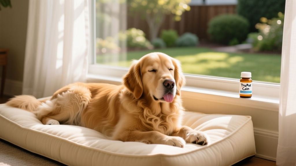 A calm, relaxed dog resting on a cozy bed near a window, showing signs of comfort and security