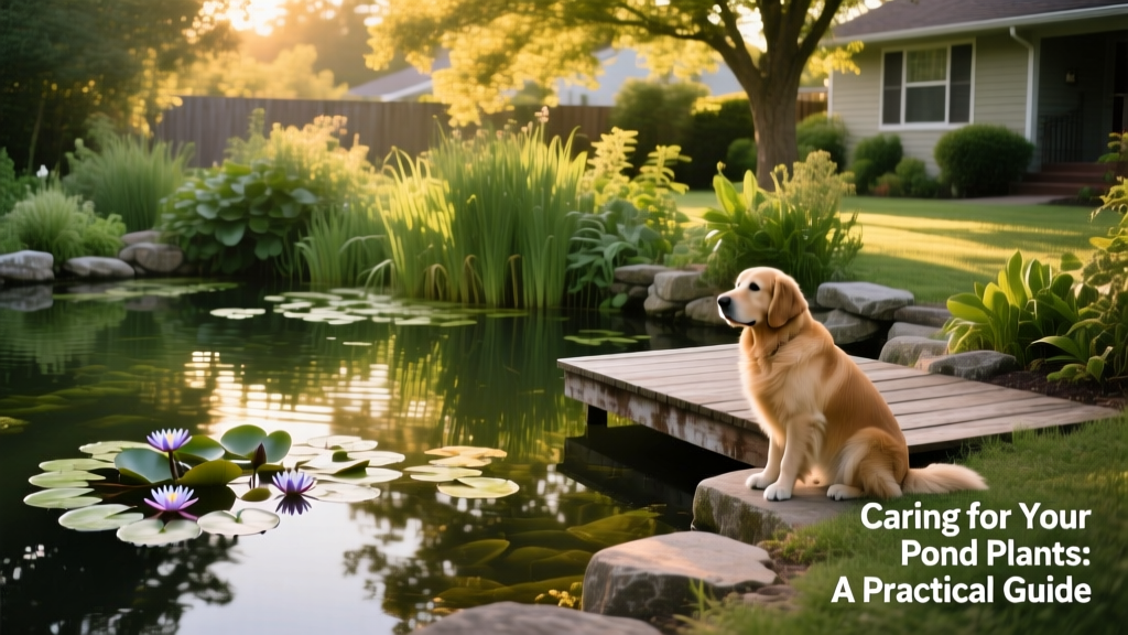 A serene backyard pond filled with lush marginal plants, floating water lilies, and submerged greenery