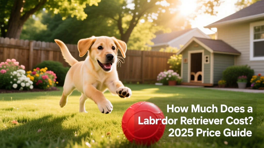 A joyful, healthy Labrador Retriever puppy playing in a sunlit backyard