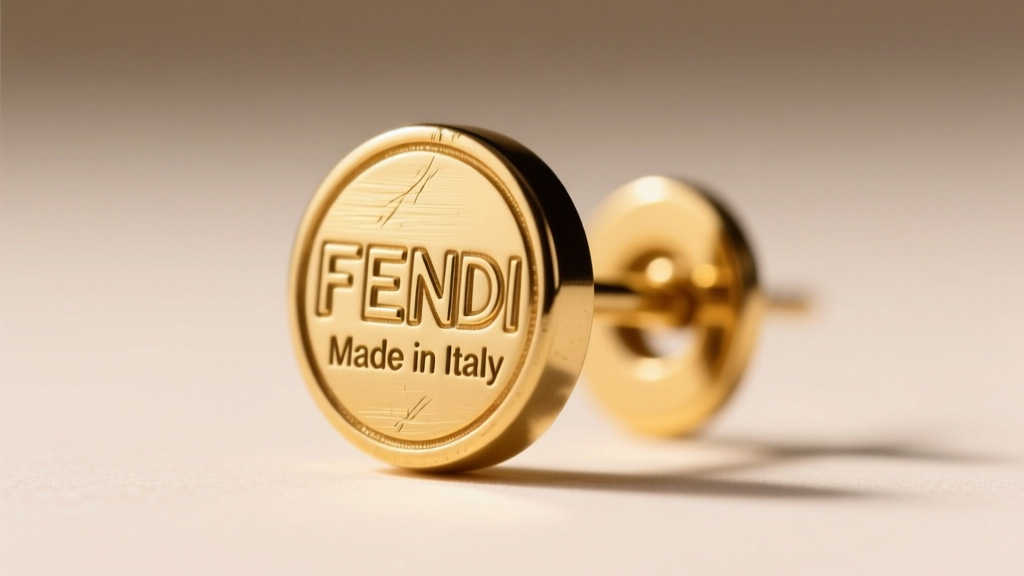 Extreme macro shot of a vintage Fendi earring post showing the engraved FENDI Made in Italy hallmark and gold plating