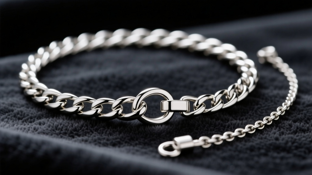 Macro shot of a 2mm silver figaro back chain necklace with a secure lobster clasp and three-inch extender resting on dark velvet