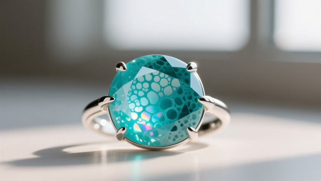 Macro shot of porous turquoise cabochon set in sterling silver, showing subtle color alteration from acidic studio exposure