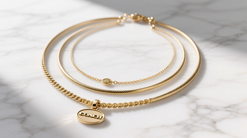 Flat lay of a 16-inch Coach charm necklace layered with a delicate 18-inch gold cable chain and a 20-inch snake chain on marble