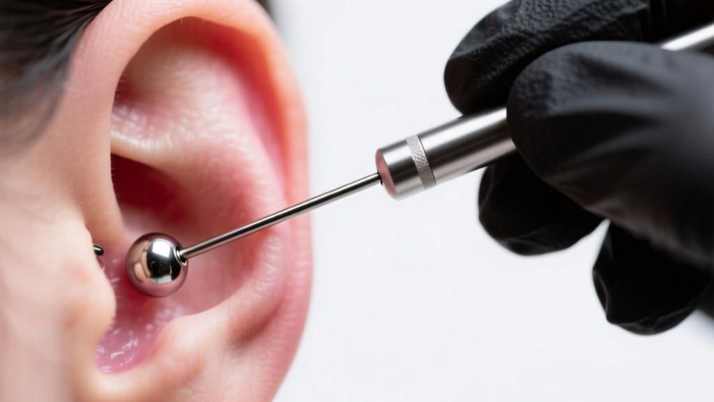 Piercer inserting a lubricated steel taper into a shrunken 14-gauge cartilage piercing, sharp focus on the polished metal tip.