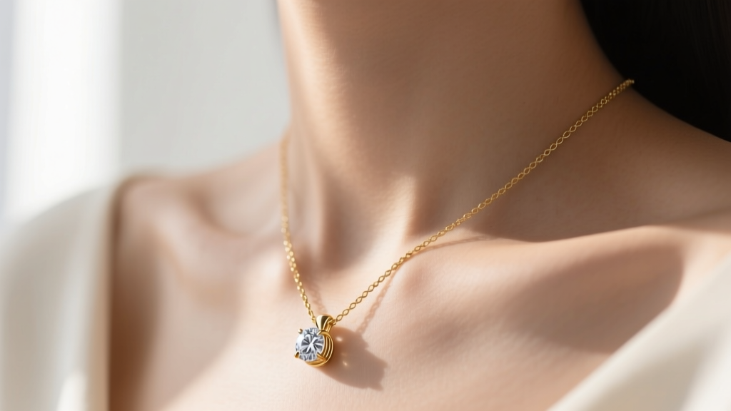 Delicate 14k gold true beauty necklace on a collarbone, showing a bezel-set diamond pendant lit by soft natural window light.