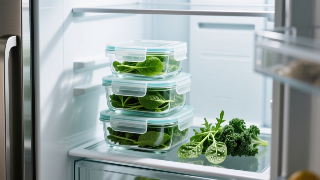 Stacked borosilicate glass meal prep containers with snap-locking lids arranged inside a refrigerator next to fresh leafy greens