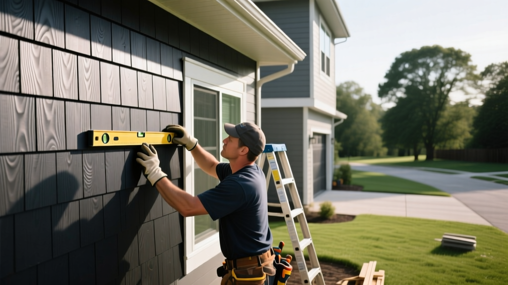 Contractor installing dark slate CertainTeed CedarBoards insulated vinyl siding on a modern two-story suburban home exterior wall.