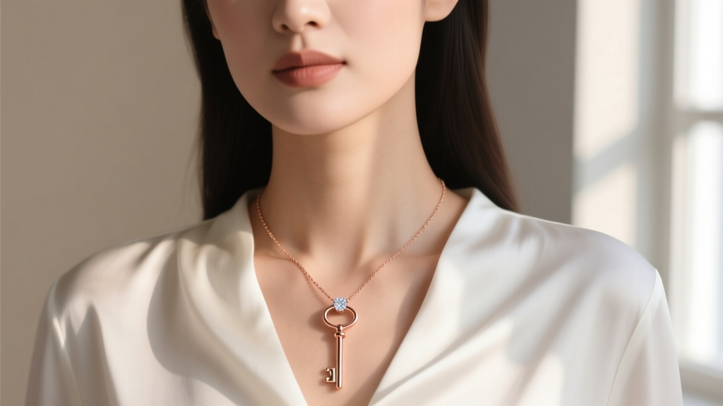 Close-up of a woman wearing a 14k rose gold key necklace with a diamond accent, layered over a white silk blouse in soft daylight