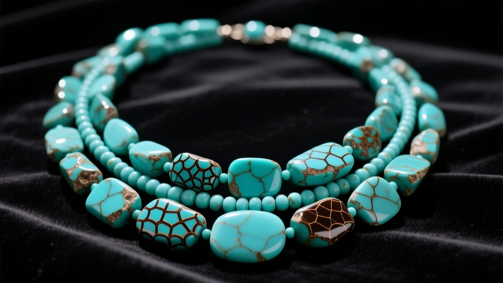 Multi-strand turquoise nugget necklace with raw blue-green stones and dark brown spiderweb matrix resting on dark velvet.