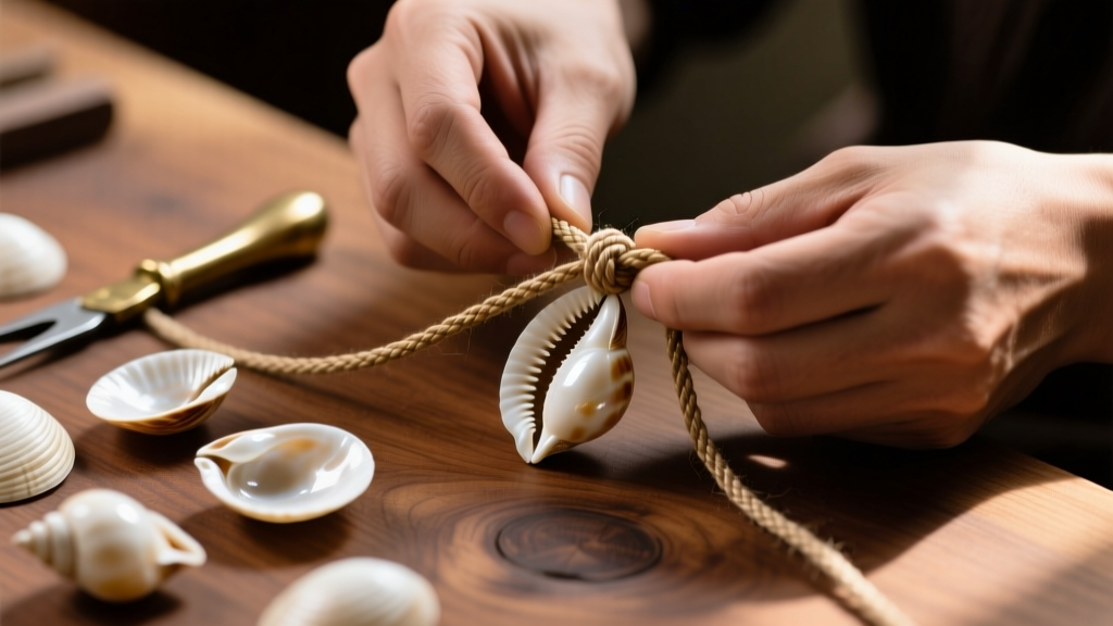 Artisan hands knotting 1.5mm waxed linen cord around polished cowrie shells, with brass tools and loose shells on a wooden desk