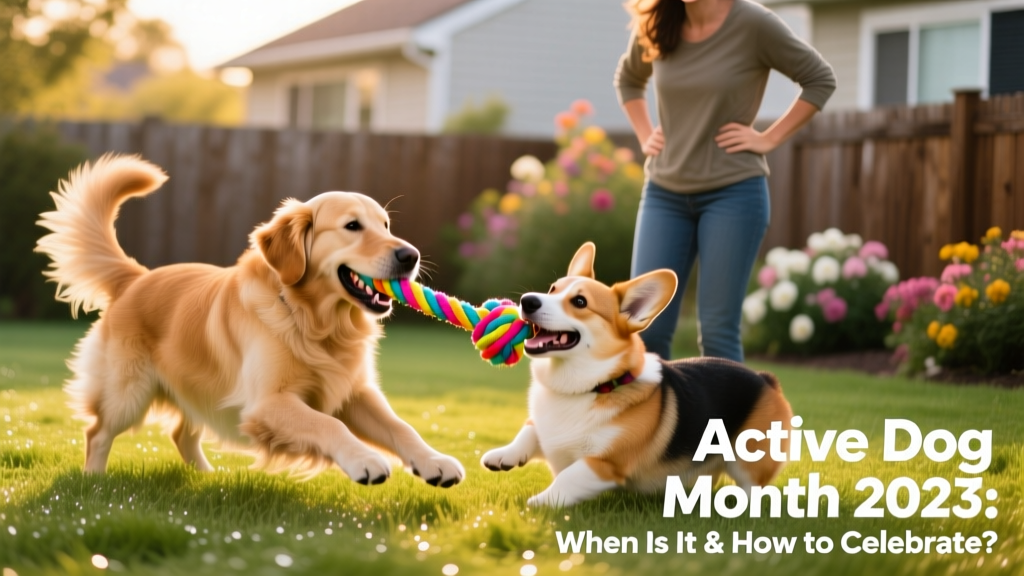 Two dogs playing tug-of-war with a colorful rope toy on grass, supervised by their smiling owner