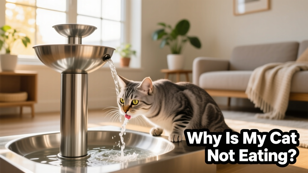 Cat drinking from a sleek, modern water fountain with gentle water flow