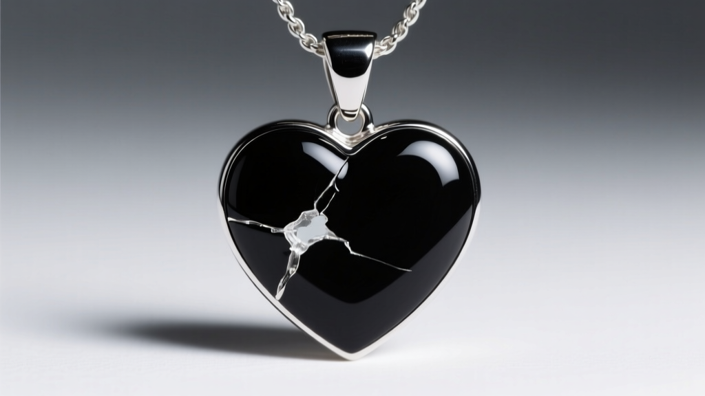 Macro shot of a black enamel heart pendant showing a small chip near the silver bezel, lit by harsh directional light