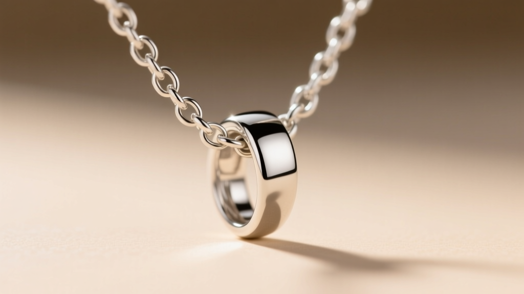 Macro shot of a 2mm sterling silver omega chain passing through a pendant bail, showing the seamless polished flat metal surface.