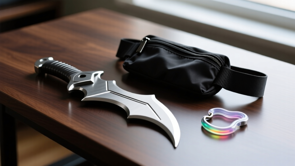 Close-up of a beginner-level zinc alloy Batarang resting on a dark oak desk next to a basic utility belt pouch and a plastic grapple.