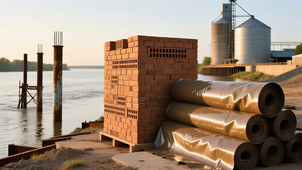 Stacks of Grade SW clay bricks and heavy-duty waterproofing membranes staged near a Mississippi riverfront construction site in Fort Madison