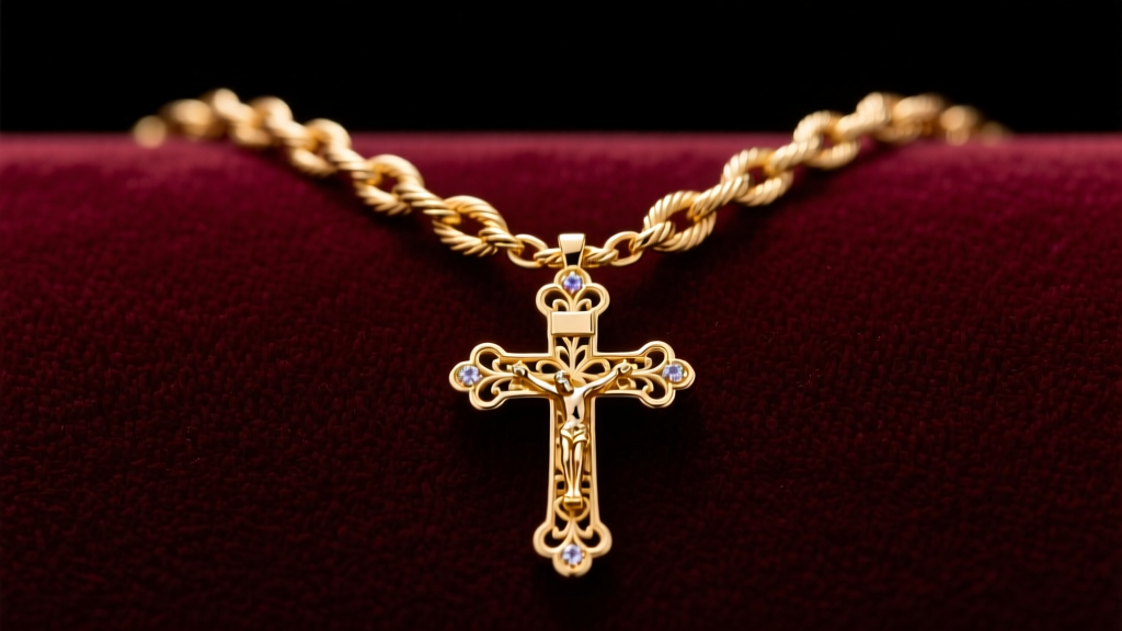 Close-up of 14k gold rosary necklace on velvet, showing delicate cable links and an ornate crucifix under soft studio lighting.
