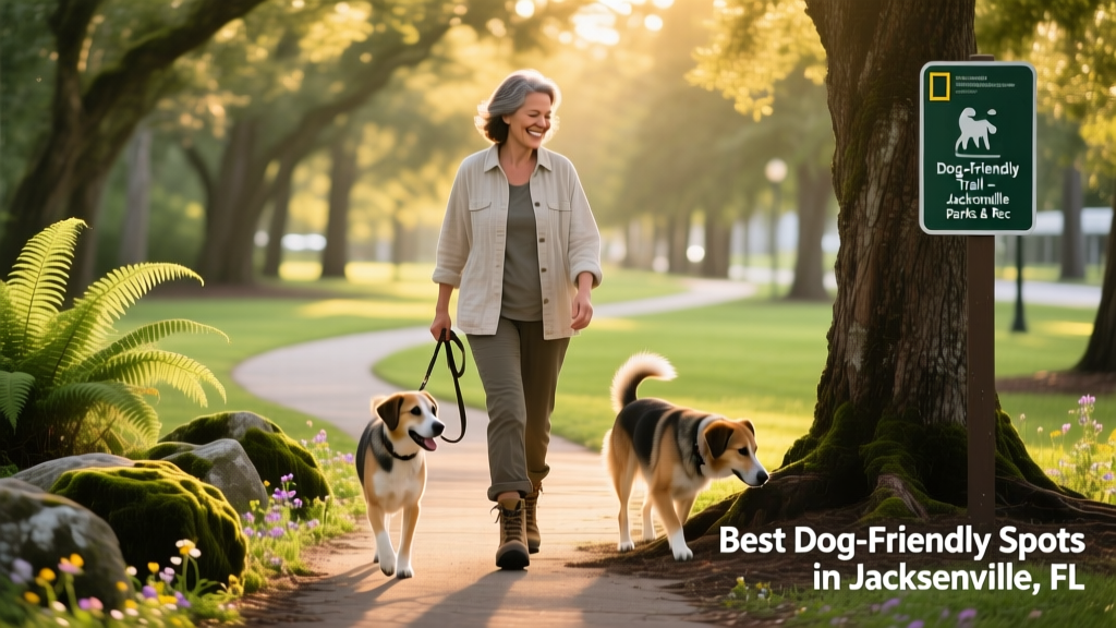 A person walking two dogs along a shaded trail in a lush green park in Jacksonville
