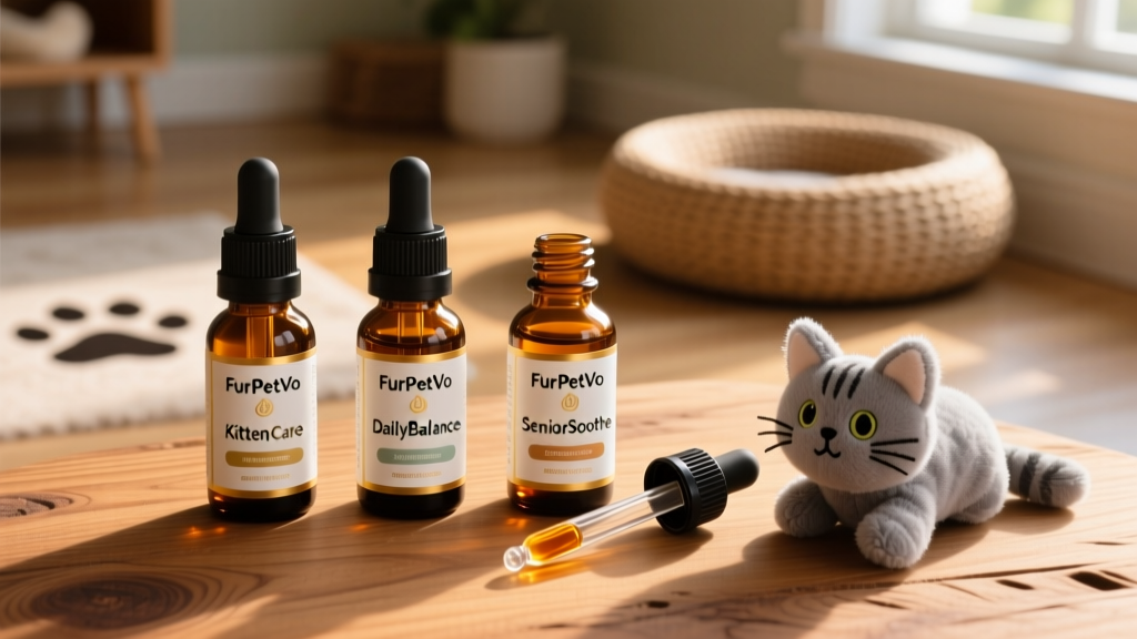 Side-by-side comparison of FurPetVo CBD oil bottles labeled 'KittenCare', 'DailyBalance', and 'SeniorSoothe' on a clean wooden surface with measuring dropper and cat toy nearby
