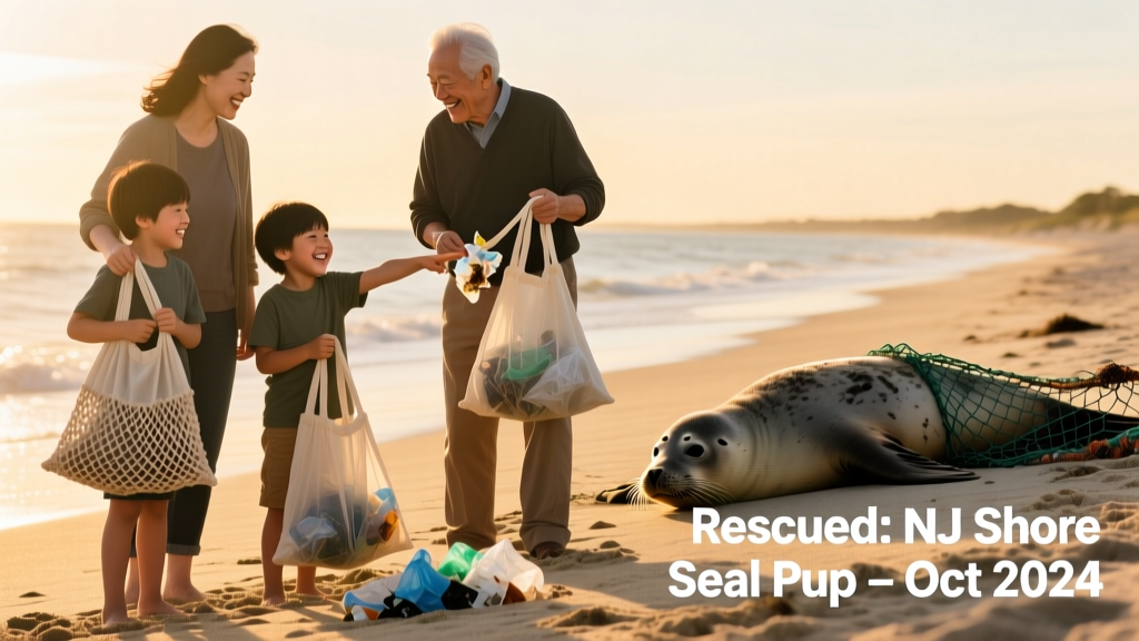 A family participating in a beach cleanup, holding reusable bags filled with collected plastic waste