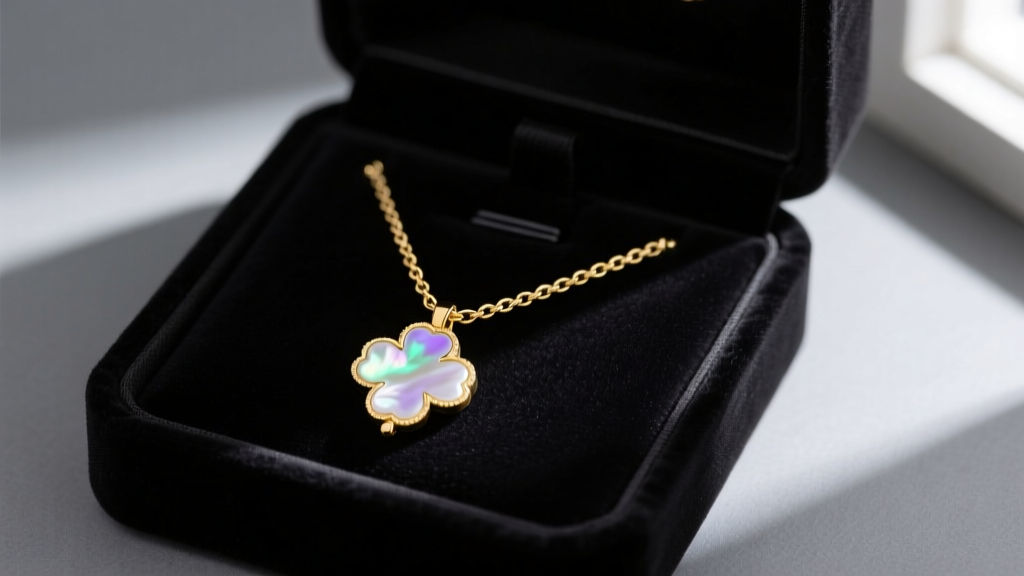 18k yellow gold clover charm necklace on dark velvet box, soft lighting highlighting mother of pearl inlay and delicate cable chain