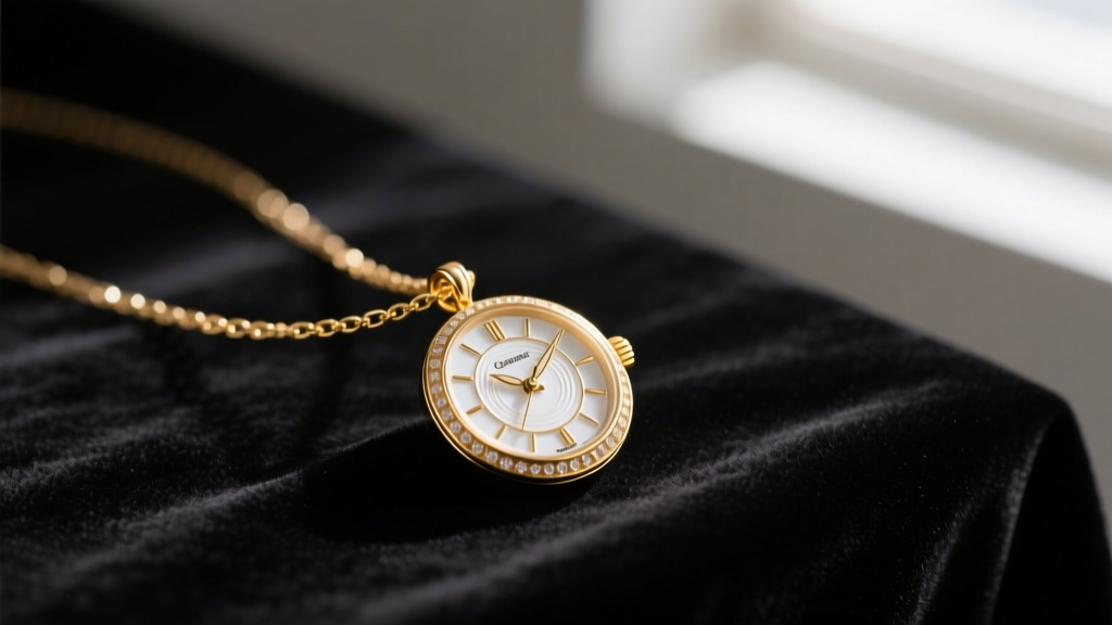 Gold watch pendant necklace resting on dark velvet, soft lighting highlighting the intricate white enamel dial and delicate chain.
