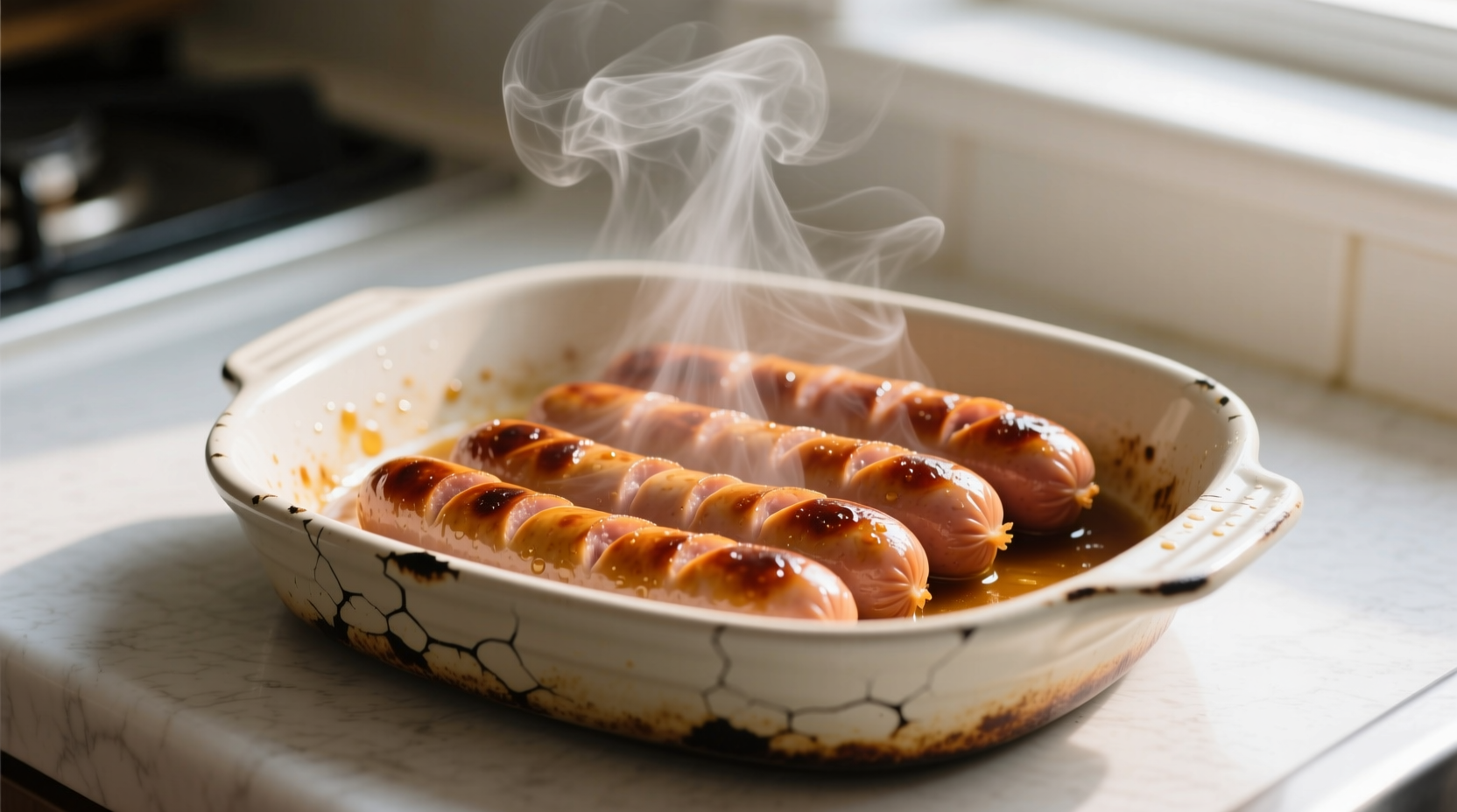 Perfectly cooked frankfurts in microwave-safe dish with steam rising