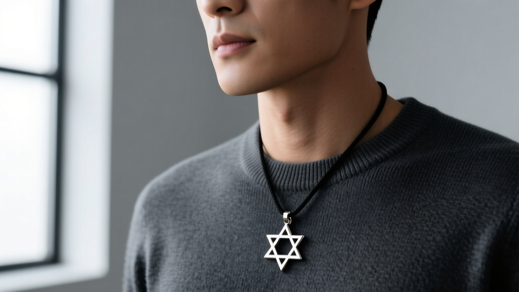 Man wearing a minimalist titanium Star of David and cross pendant on a black cord against a neutral grey studio background