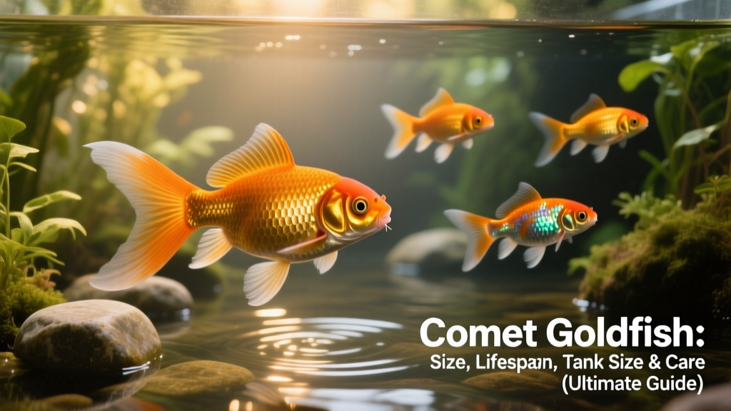 Comet goldfish swimming peacefully alongside shubunkins in a spacious, planted pond-style aquarium