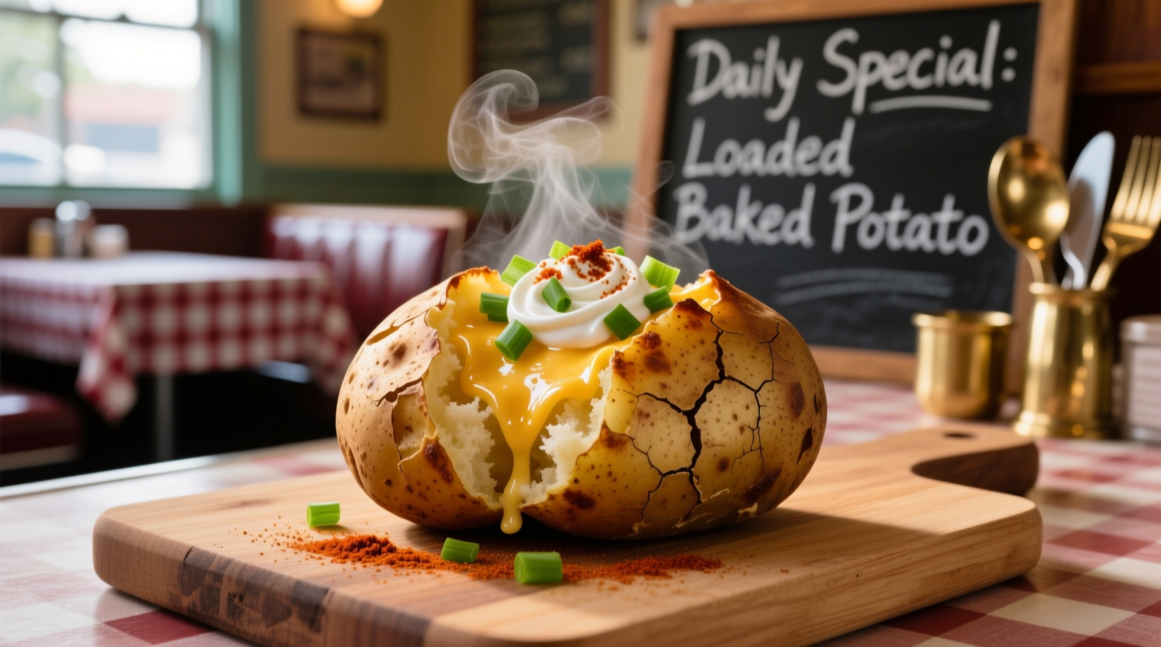 Freshly baked potato with assorted toppings at a local restaurant