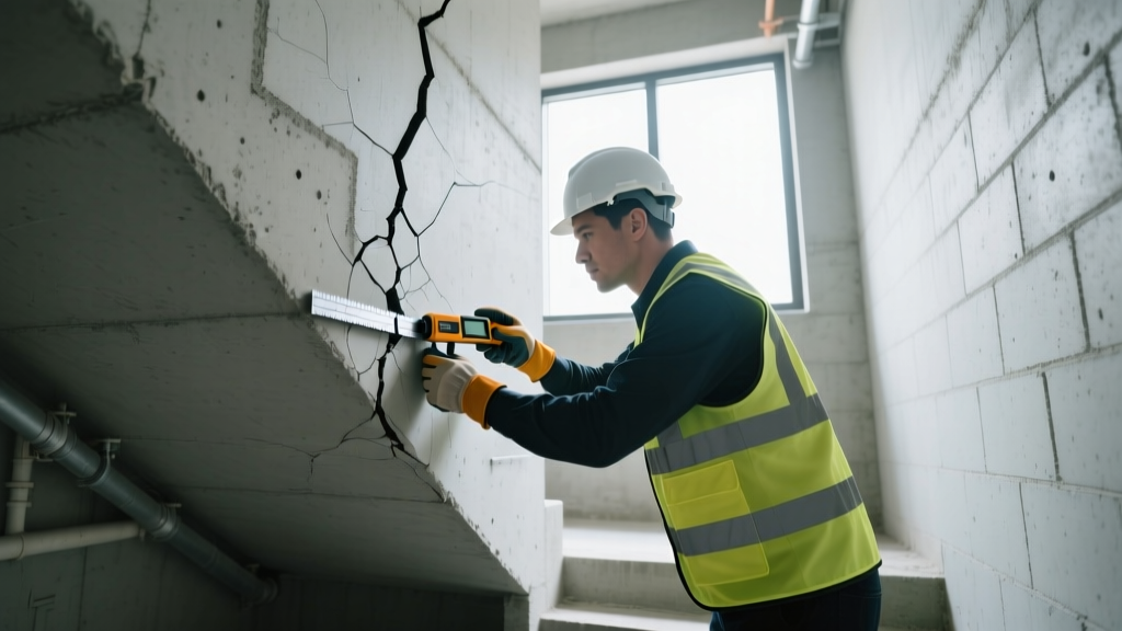 Structural engineer inspecting a diagonal stair-step crack in a poured concrete basement wall using a digital crack width gauge