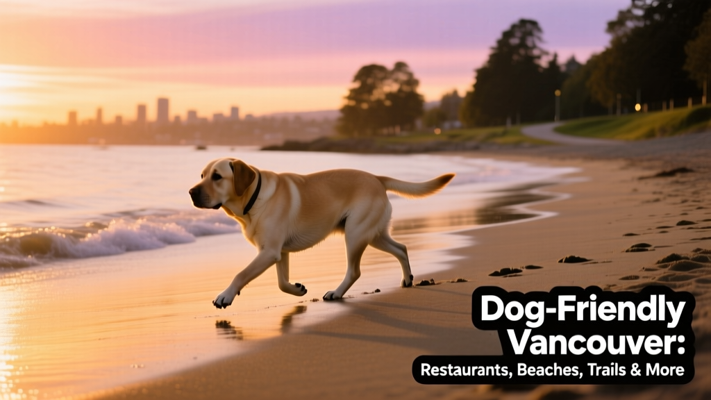 Golden-hour view of Spanish Banks Beach with a dog trotting along the shoreline at sunset