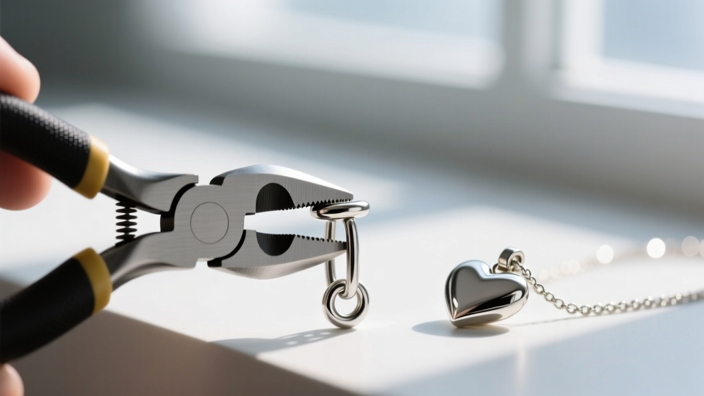 Nylon jaw pliers adjusting the T-bar of a silver toggle clasp, with a heart pendant resting in the softly blurred background