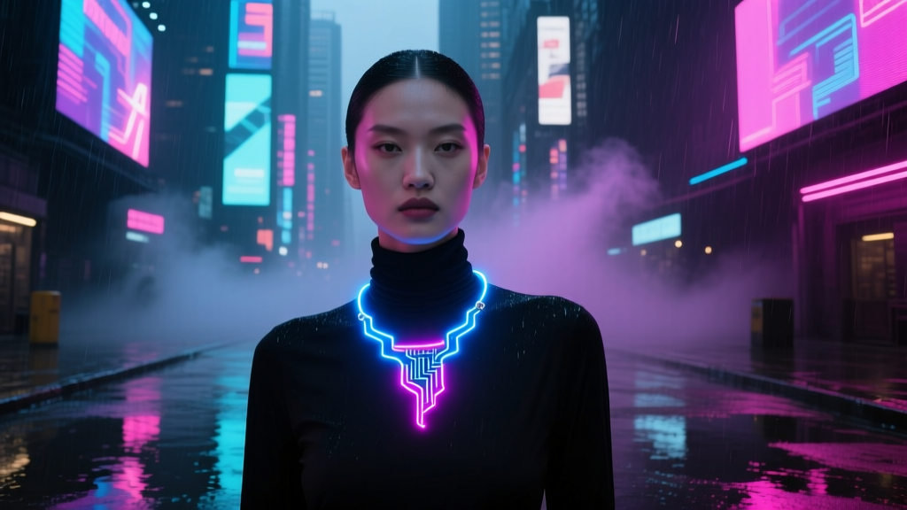 Model wearing a glowing electroluminescent necklace light over a dark turtleneck in a moody, neon-lit cyberpunk street setting