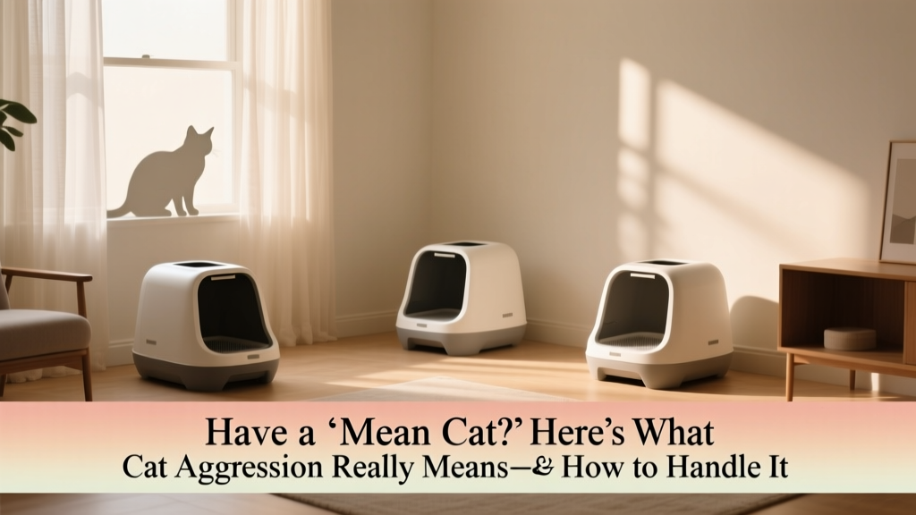 Three clean, well-placed litter boxes in different corners of a bright, quiet room