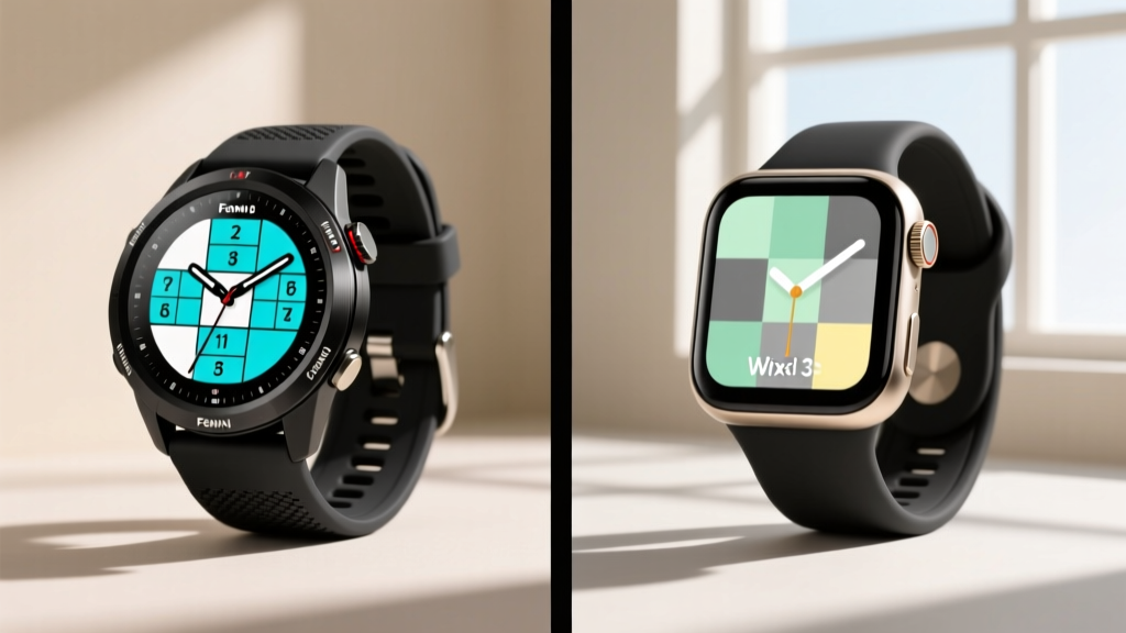 Split screen showing a Garmin Fenix 8 with a custom Sudoku complication and a Pixel Watch 3 displaying a minimalist Wordle-inspired face.