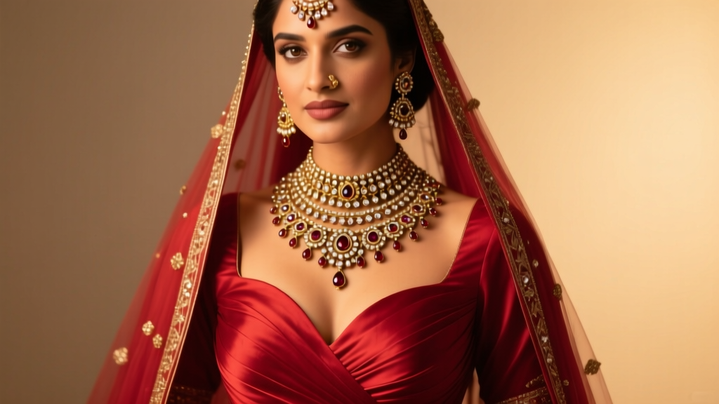 Bride wearing a layered Sabyasachi polki necklace over a deep sweetheart neckline red lehenga with soft warm studio lighting