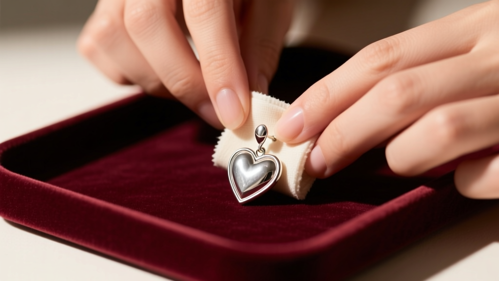 Hands polishing a tarnished sterling silver heart earring with a microfiber cloth on a velvet tray, soft warm overhead lighting
