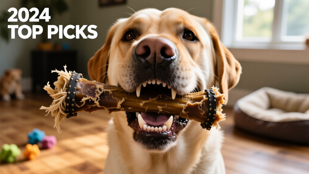 Close-up of a large, sturdy dog chew being gripped by a powerful jaw—showing texture and durability