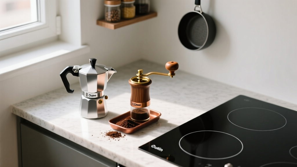 Top-down view of Outin Nano espresso maker and 1Zpresso hand grinder on a narrow apartment kitchenette counter beside an induction cooktop