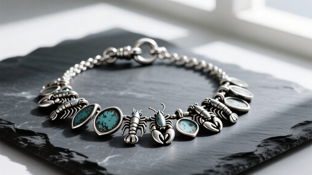 Sterling silver James Avery cascading charm necklace on dark slate, highlighting oxidized details and a heavy-duty lobster clasp.