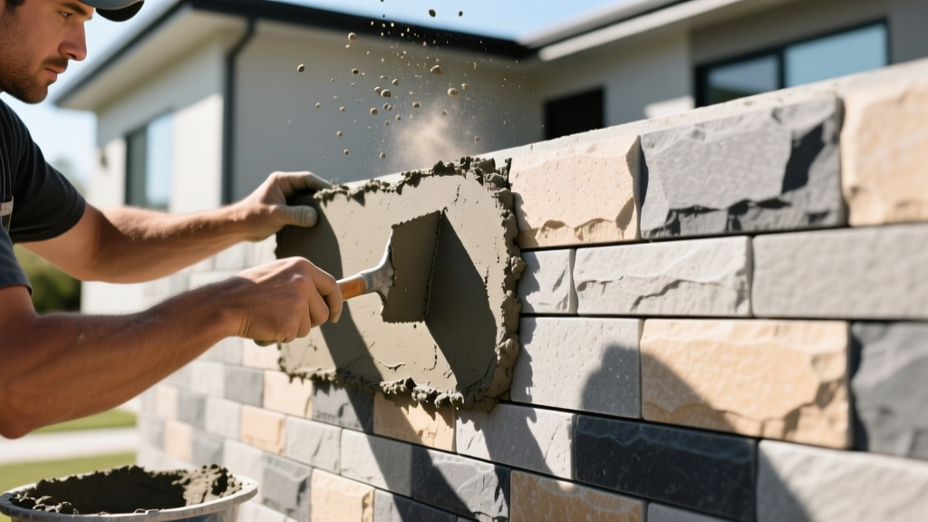 Mason troweling mortar to install interlocking concrete stone veneer panels on an exterior house wall under bright sunlight