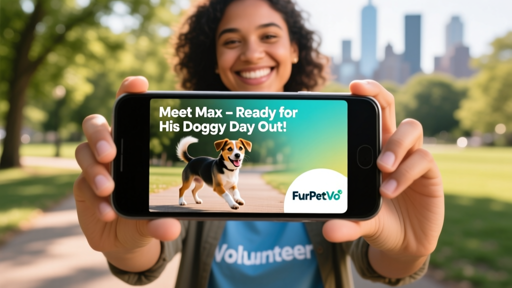 Smiling volunteer holding a smartphone showing a vibrant adoption profile photo of a happy dog on furpetvo.com, with the FurPetVo logo visible on screen
