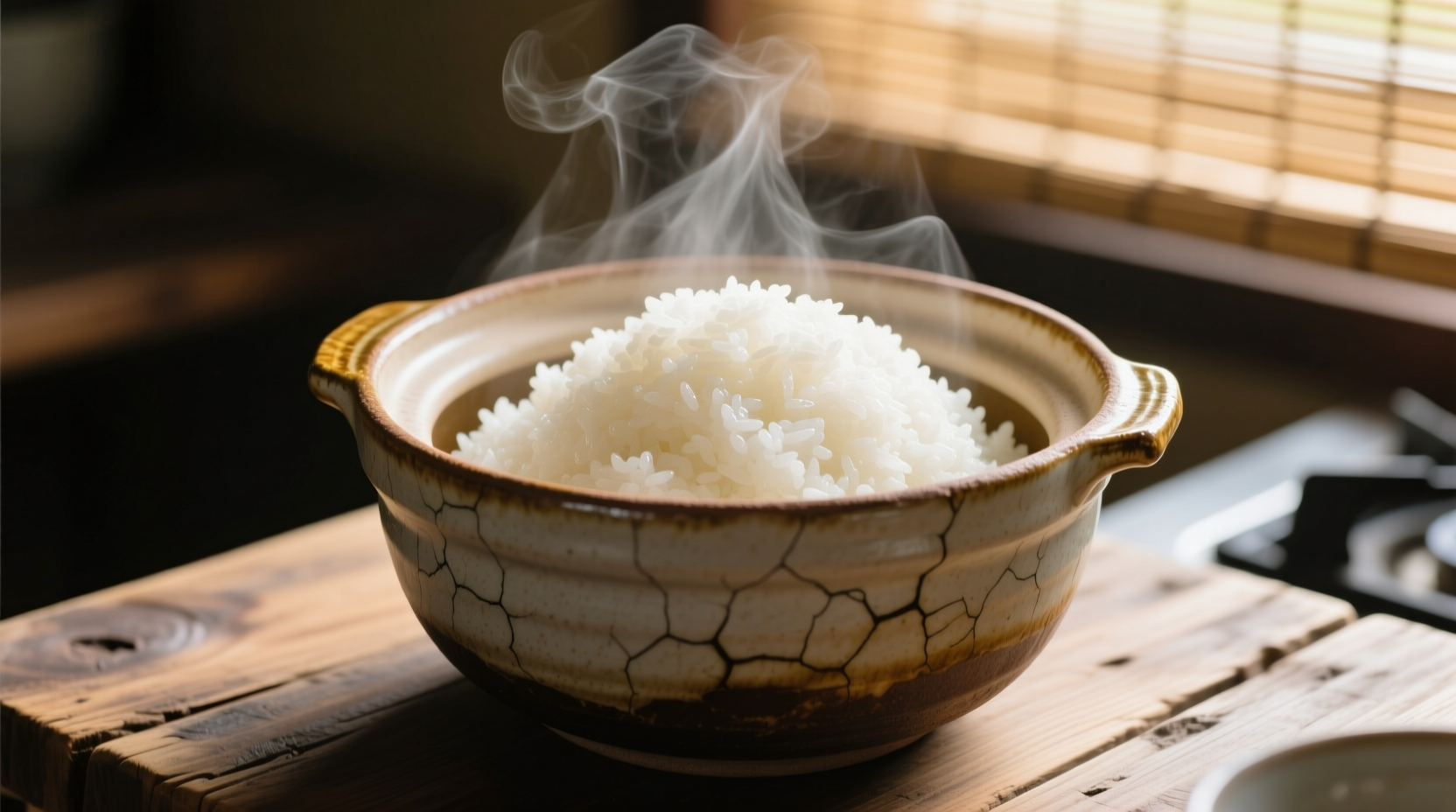 Perfectly cooked white rice in traditional rice pot